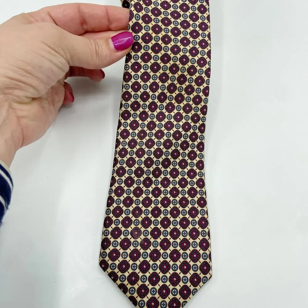 Oscar De La Renta Silk‎ Necktie Geometric Foulard Burgundy Beige